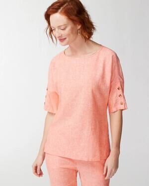 Chico’s Linen Blend Coral Button Short Sleeve Popover Top Size 2(US 12) NWT